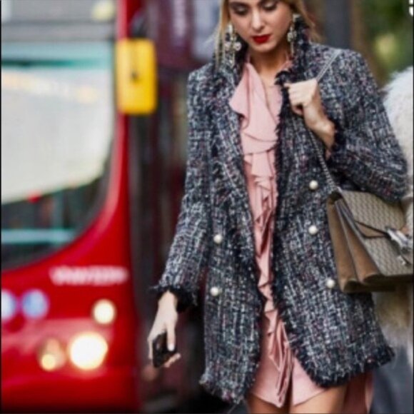 New Zara Tweed Coat Pearl Buttons Frayed CoCo Chanel Style - Picture 12 of 14
